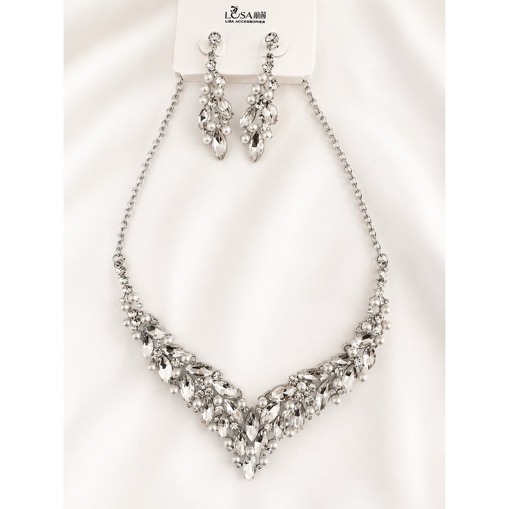 Vintage-inspired Crystal & Faux Pearl Necklace Set with Matching Drop Earrings